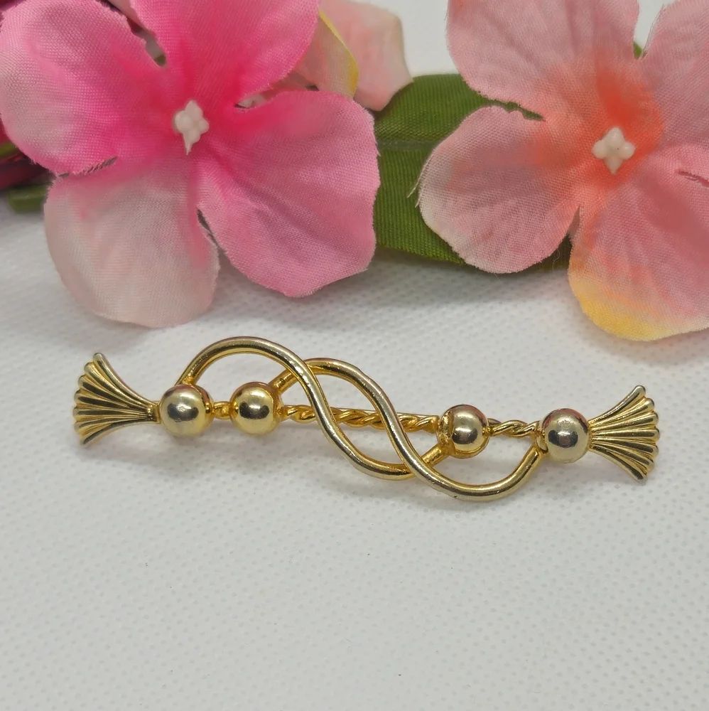Vintage Gold Tone Swirl & Ball Bar Designer Brooch or Pin